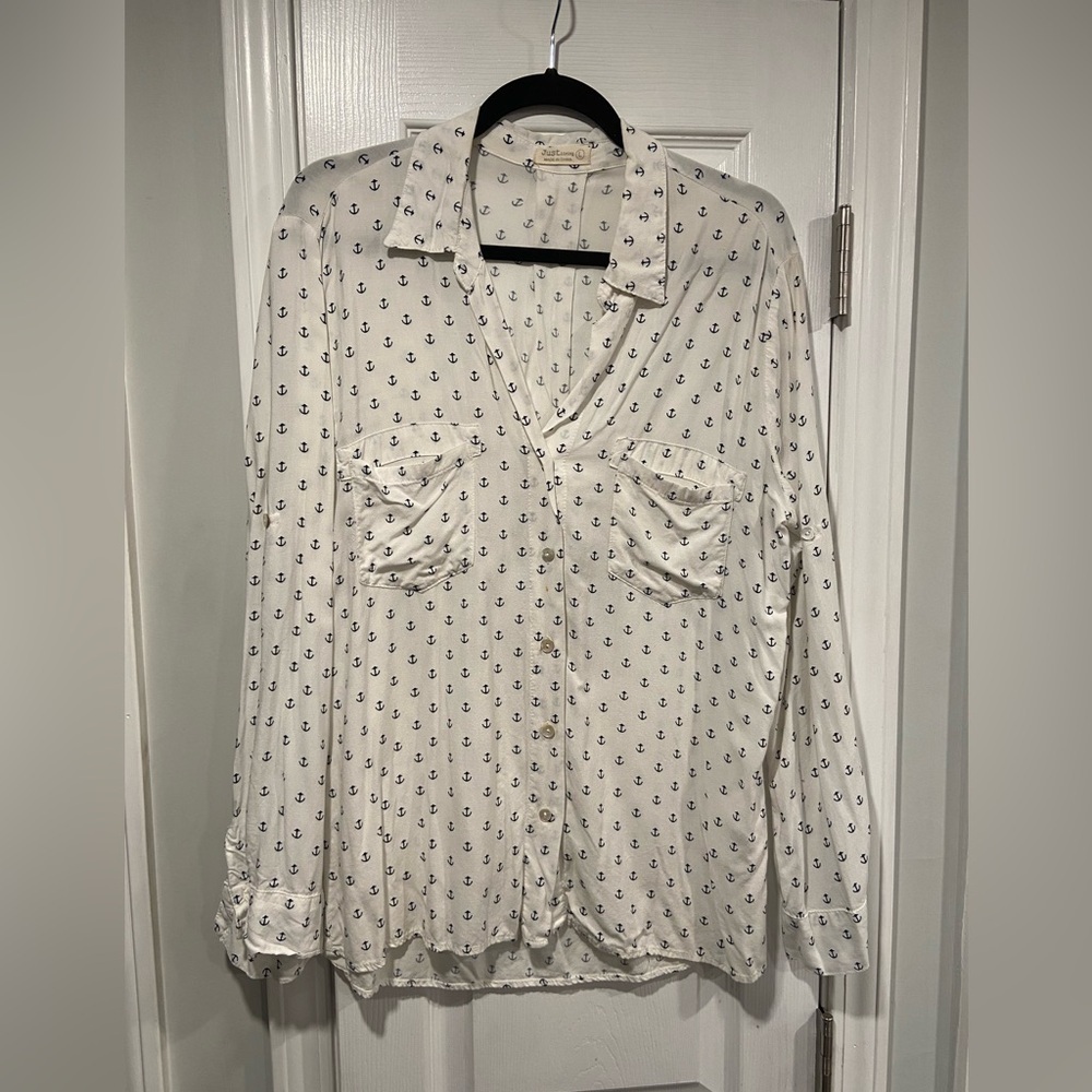 Just Living Size L Navy Blue Anchor Print Rayon Long Sleeve Button Down Shirt